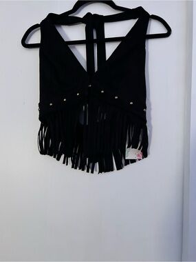 MAKEMECHIC Black Fringe Studded Cropped Vest